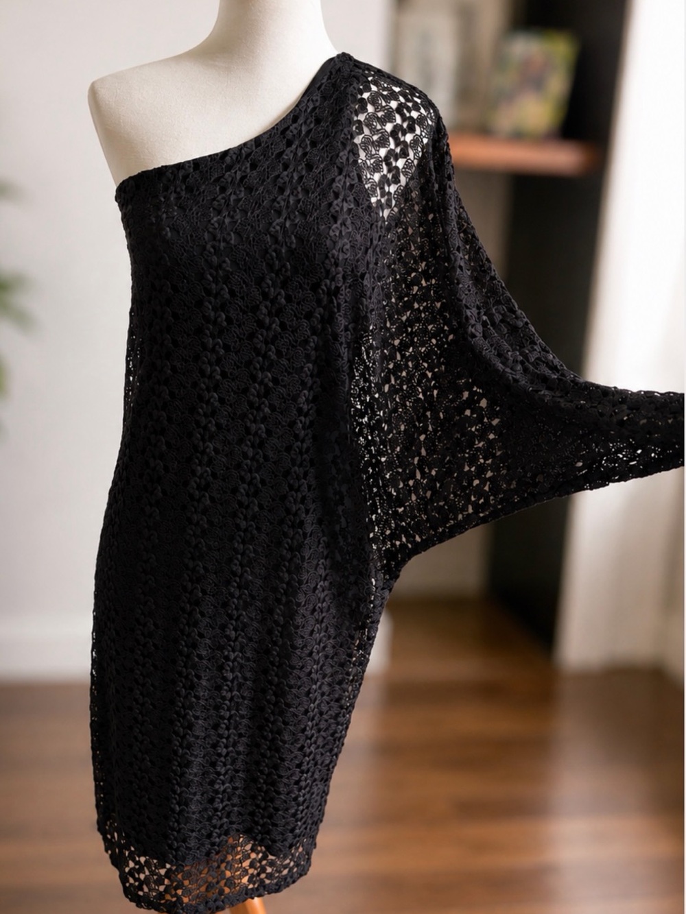 Julian Chang Black One-Shoulder Crochet Lace Batwing Sleeve Dress | M